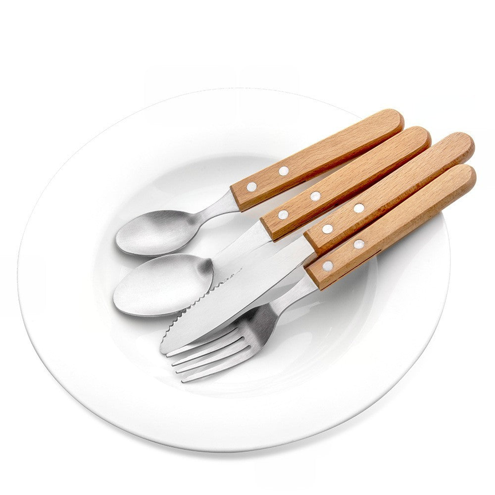 Set 4 tacamuri pentru masa, otel 304, lingura, lingurita desert, cutit, furculita, maner din lemn de fag, 20 x 4 x 2 cm, gri
