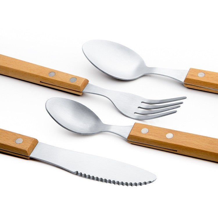 Set 4 tacamuri pentru masa, otel 304, lingura, lingurita desert, cutit, furculita, maner din lemn de fag, 20 x 4 x 2 cm, gri