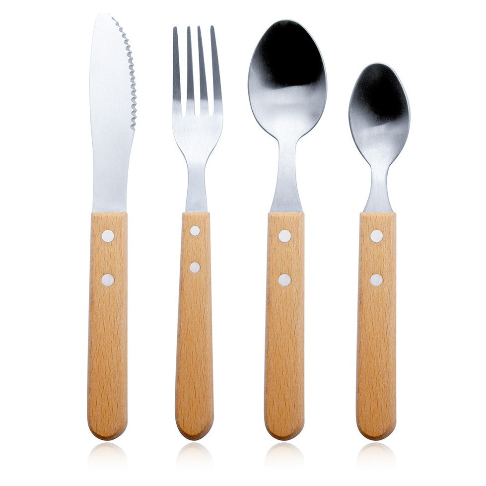 Set 4 tacamuri pentru masa, otel 304, lingura, lingurita desert, cutit, furculita, maner din lemn de fag, 20 x 4 x 2 cm, gri