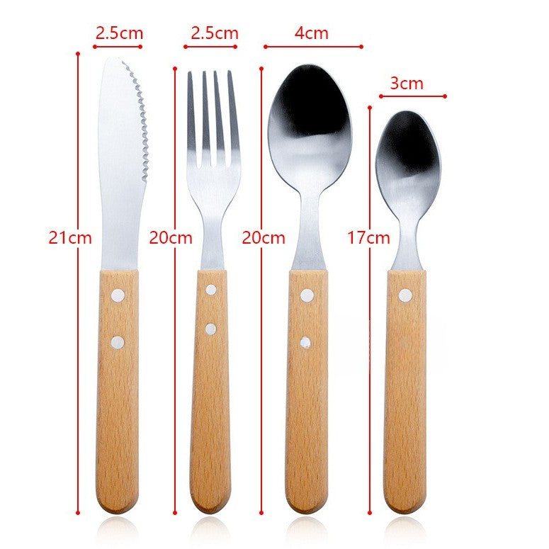 Set 4 tacamuri pentru masa, otel 304, lingura, lingurita desert, cutit, furculita, maner din lemn de fag, 20 x 4 x 2 cm, gri