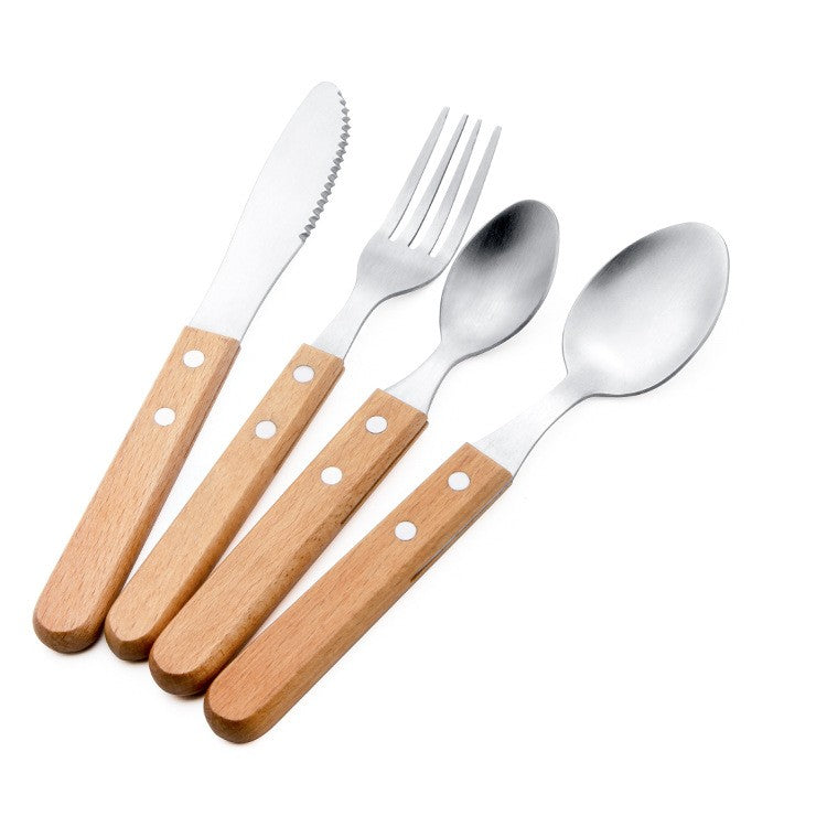 Set 4 tacamuri pentru masa, otel 304, lingura, lingurita desert, cutit, furculita, maner din lemn de fag, 20 x 4 x 2 cm, gri
