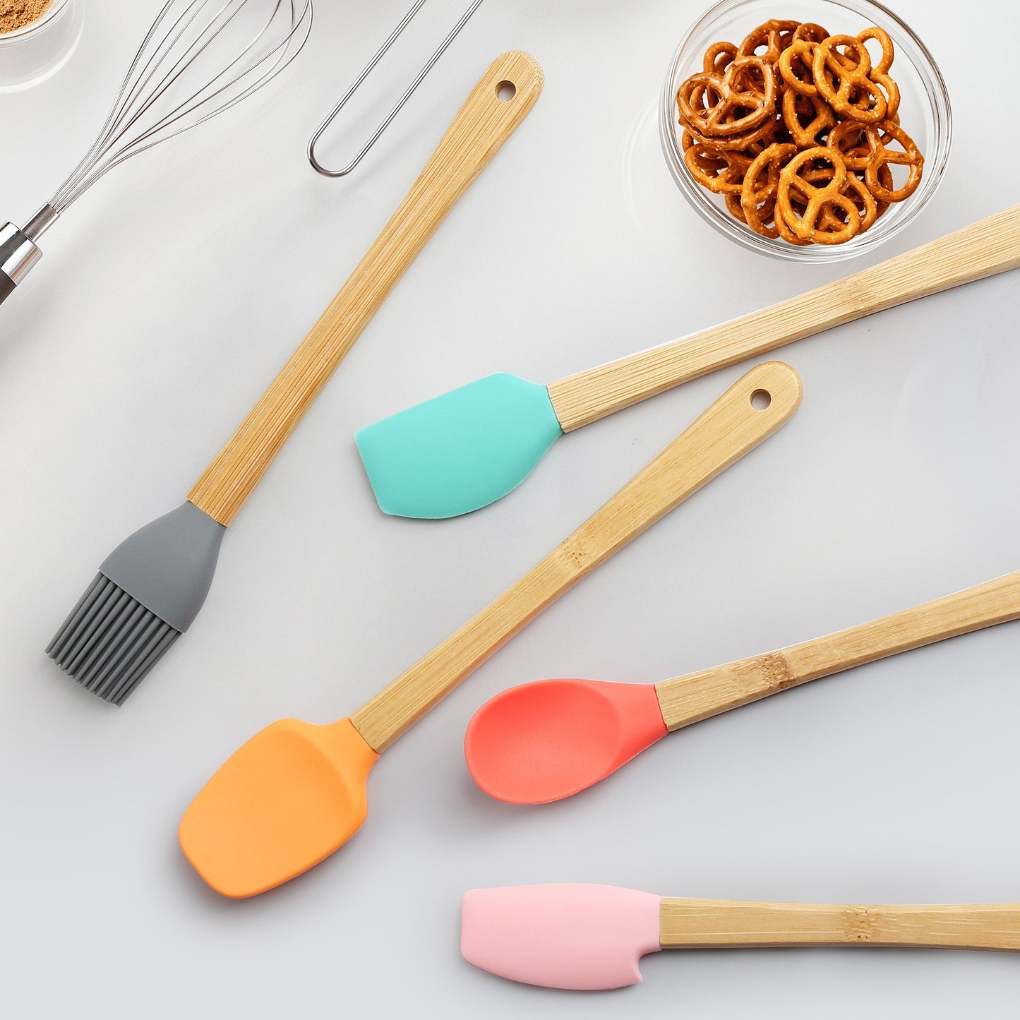 Set 5 Mini Spatule de Silicon, pensula, Stejar, Multicolor