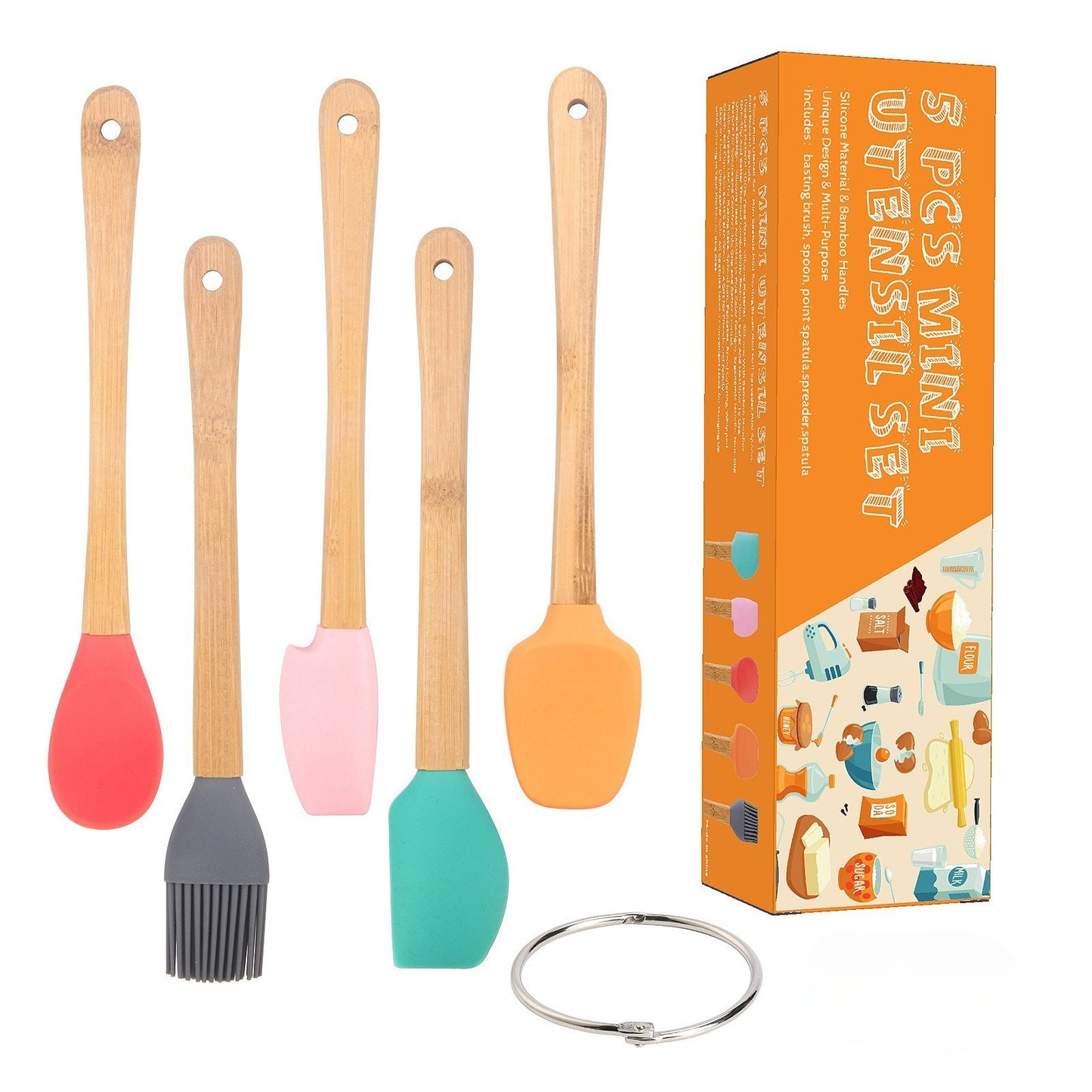 Set 5 Mini Spatule de Silicon, pensula, Stejar, Multicolor