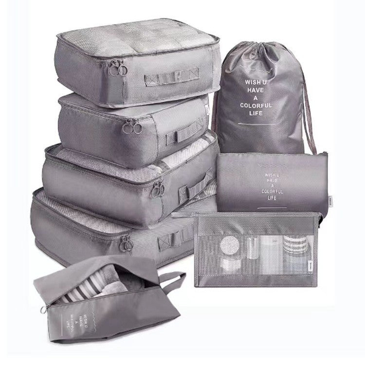 Set 8 huse organizare bagaj, material poliester, impermeabil, cu fermoar, pentru calatorii sau dulap, sac pentru pantofi inclus, pliabil, gri