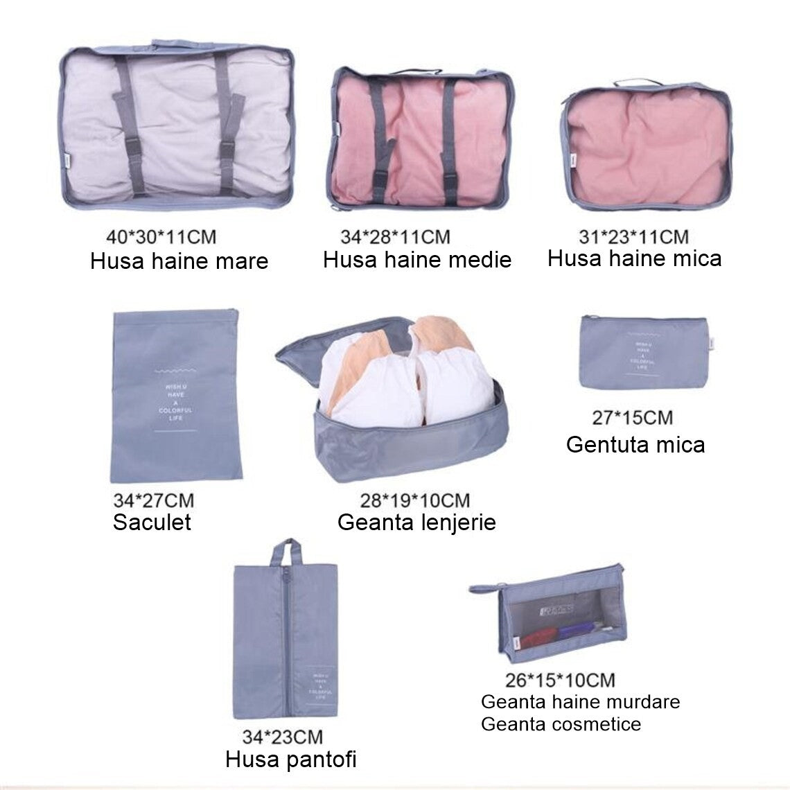 Set 8 huse organizare bagaj, material poliester, impermeabil, cu fermoar, pentru calatorii sau dulap, sac pentru pantofi inclus, pliabil, gri