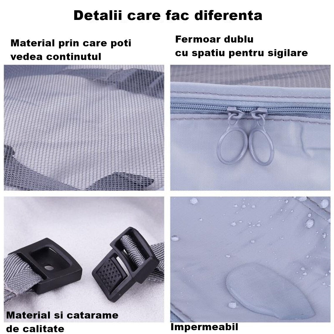 Set 8 huse organizare bagaj, material poliester, impermeabil, cu fermoar, pentru calatorii sau dulap, sac pentru pantofi inclus, pliabil, gri