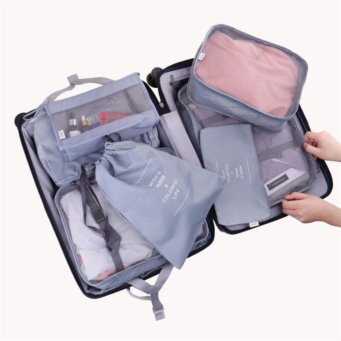 Set 8 huse organizare bagaj, material poliester, impermeabil, cu fermoar, pentru calatorii sau dulap, sac pentru pantofi inclus, pliabil, gri