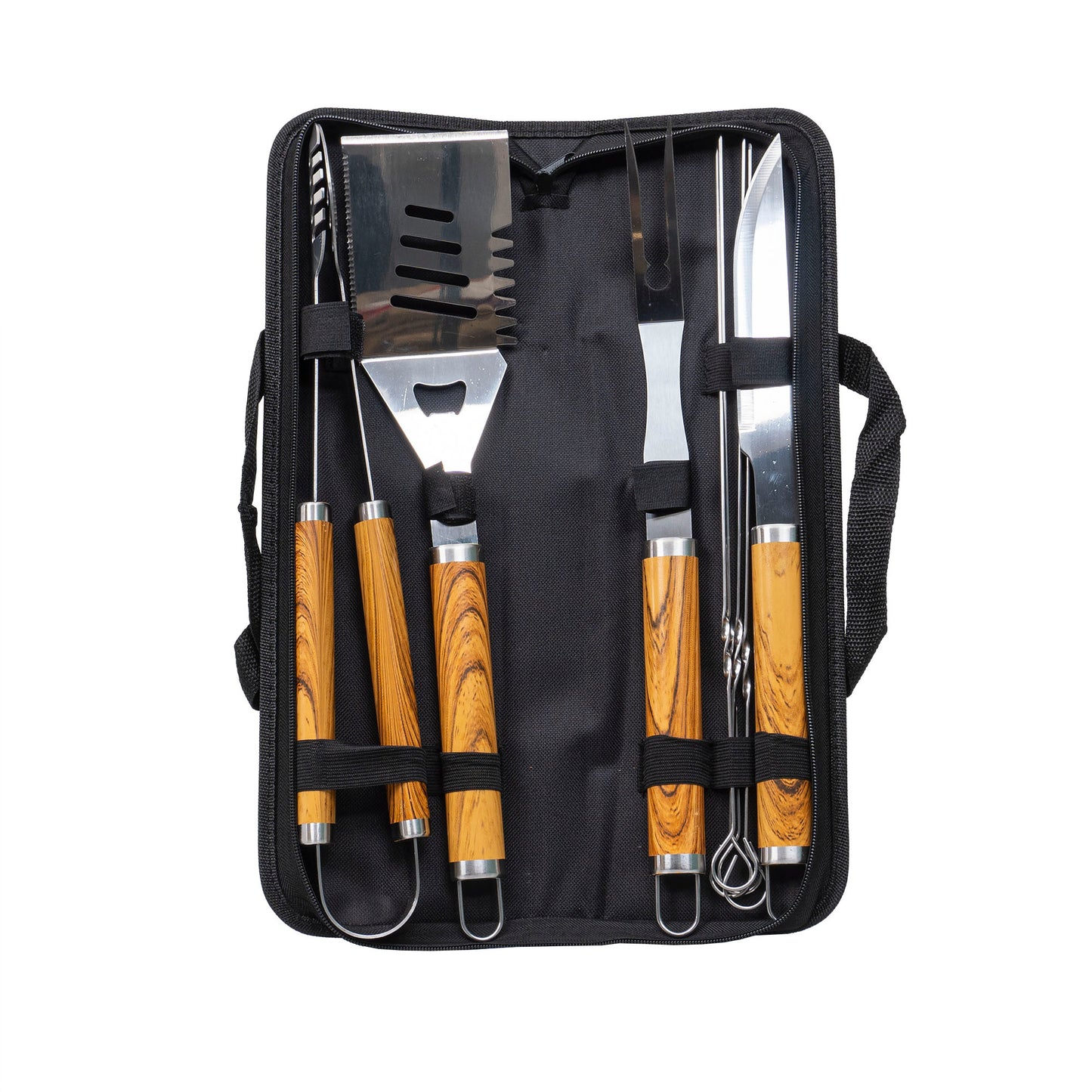 Set 8 piese din inox si maner de lemn, pentru gratar plus borseta depozitare