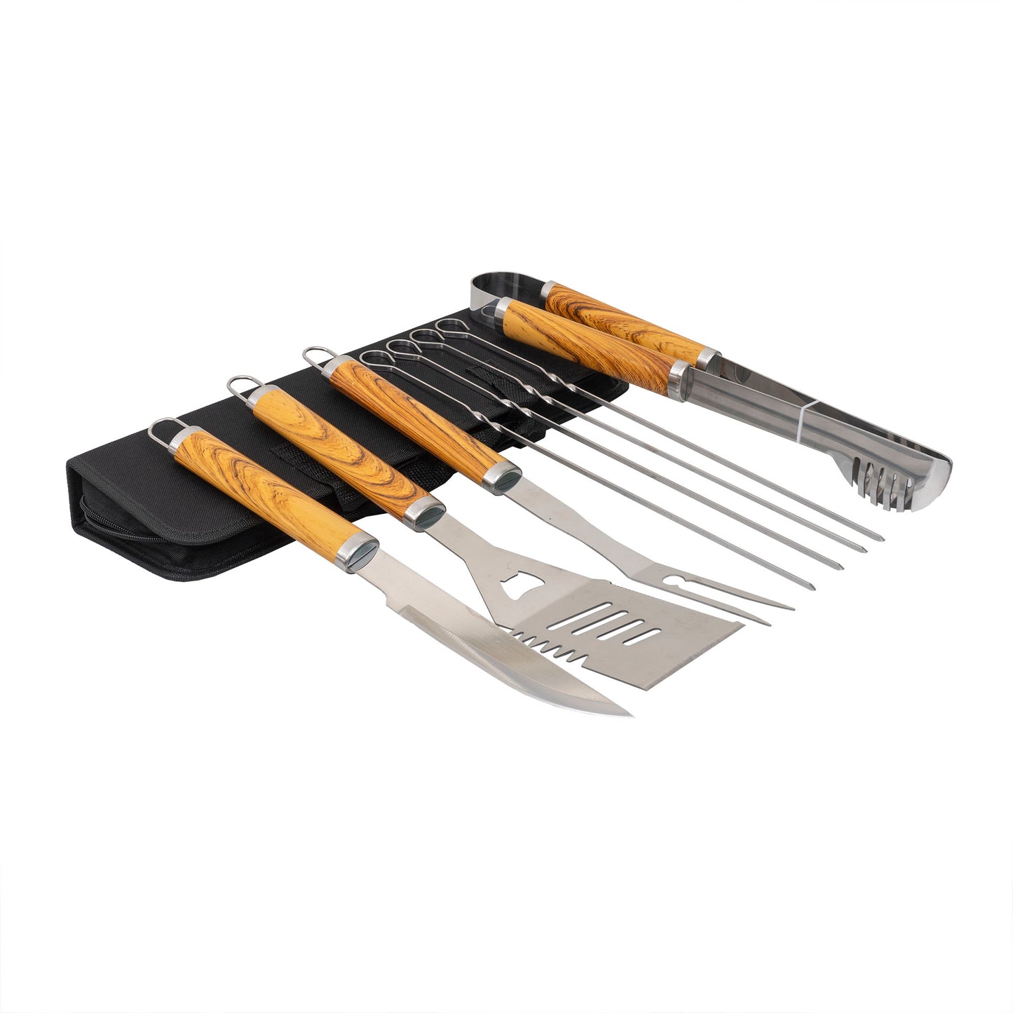 Set 8 piese din inox si maner de lemn, pentru gratar plus borseta depozitare