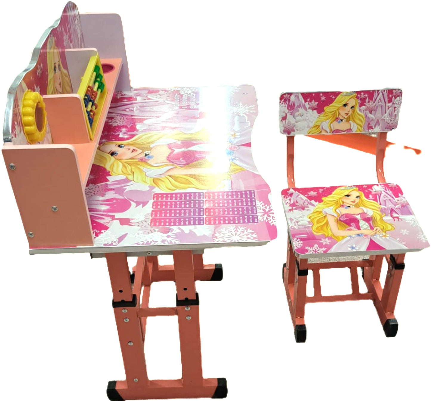 Set Birou ergonomic copii cu scaun Reglabil, polita, numaratoare si pahar pictat, imprimeu printesa
