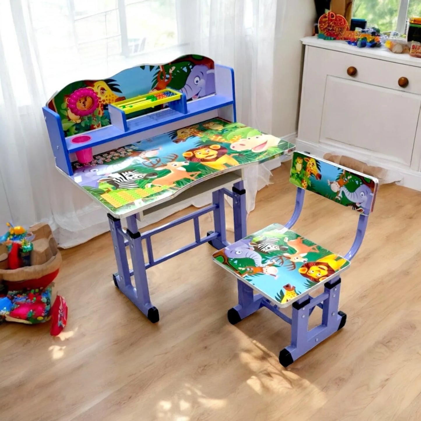 Set Birou Reglabil cu Scaun, Metalic + MDF, 69x45 cm