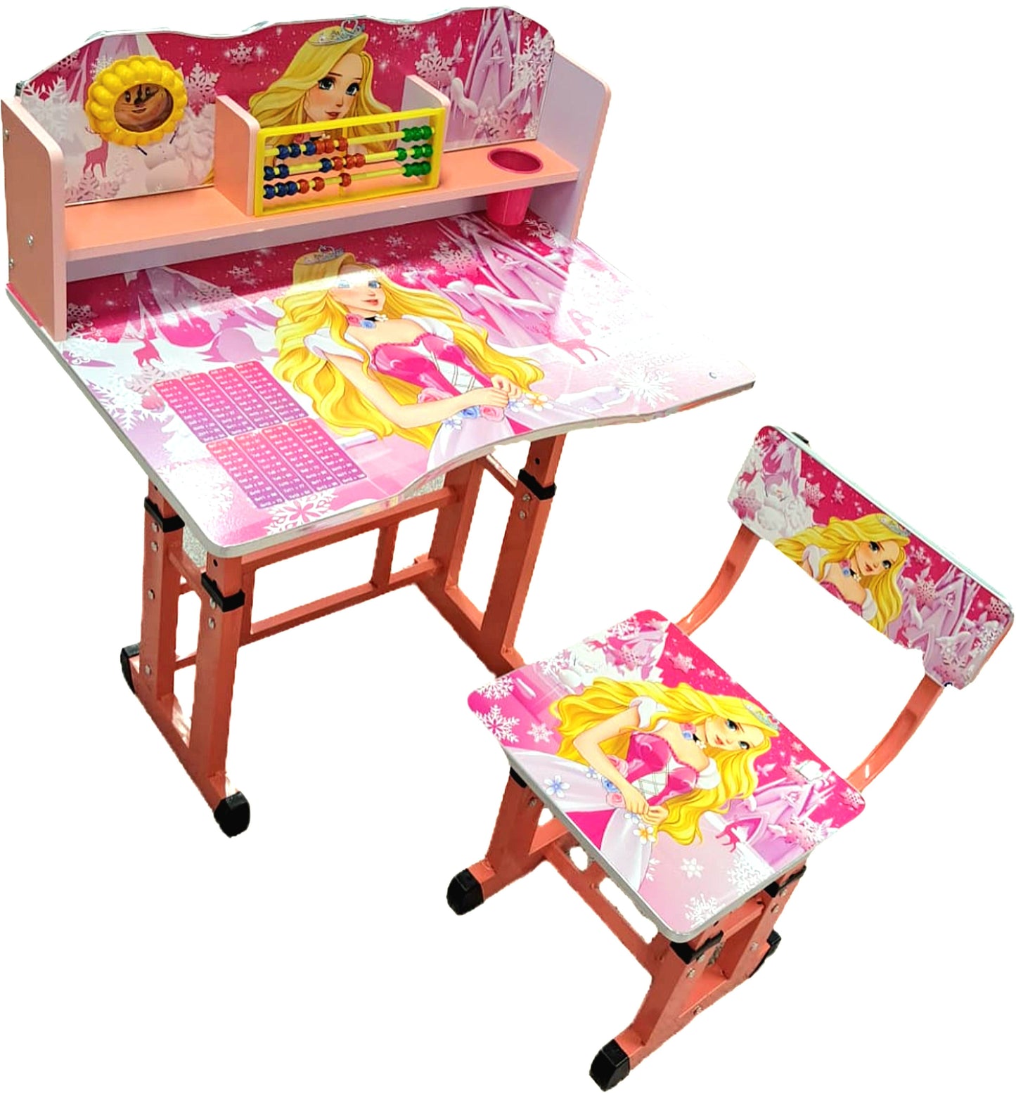 Set Birou ergonomic copii cu scaun Reglabil, polita, numaratoare si pahar pictat, imprimeu printesa