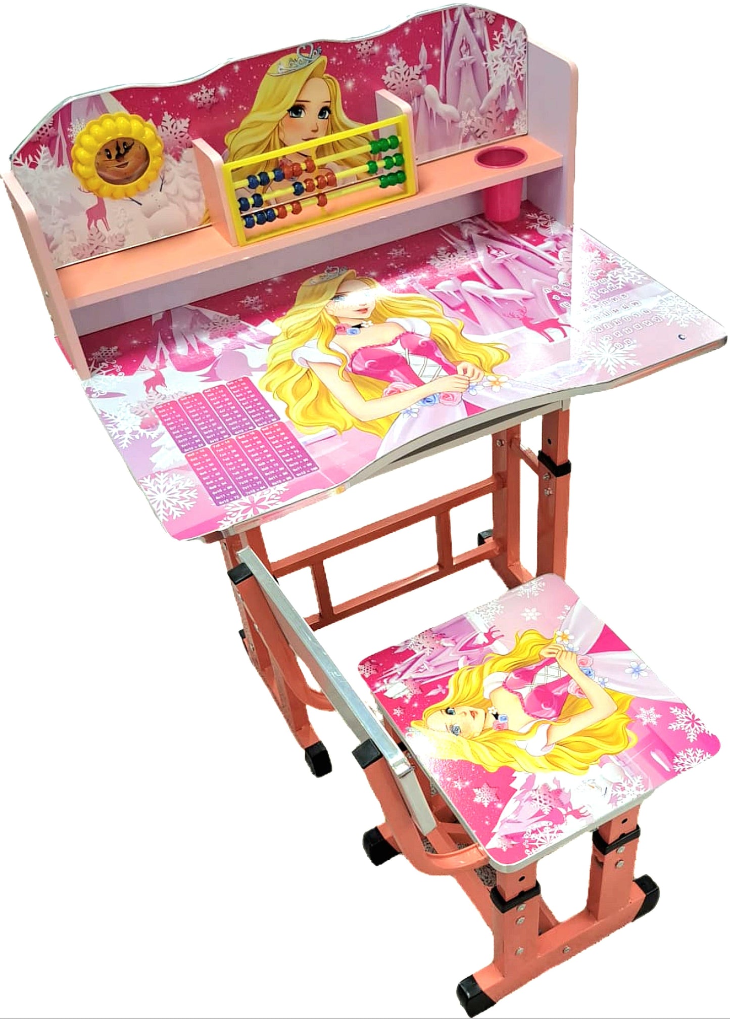 Set Birou ergonomic copii cu scaun Reglabil, polita, numaratoare si pahar pictat, imprimeu printesa