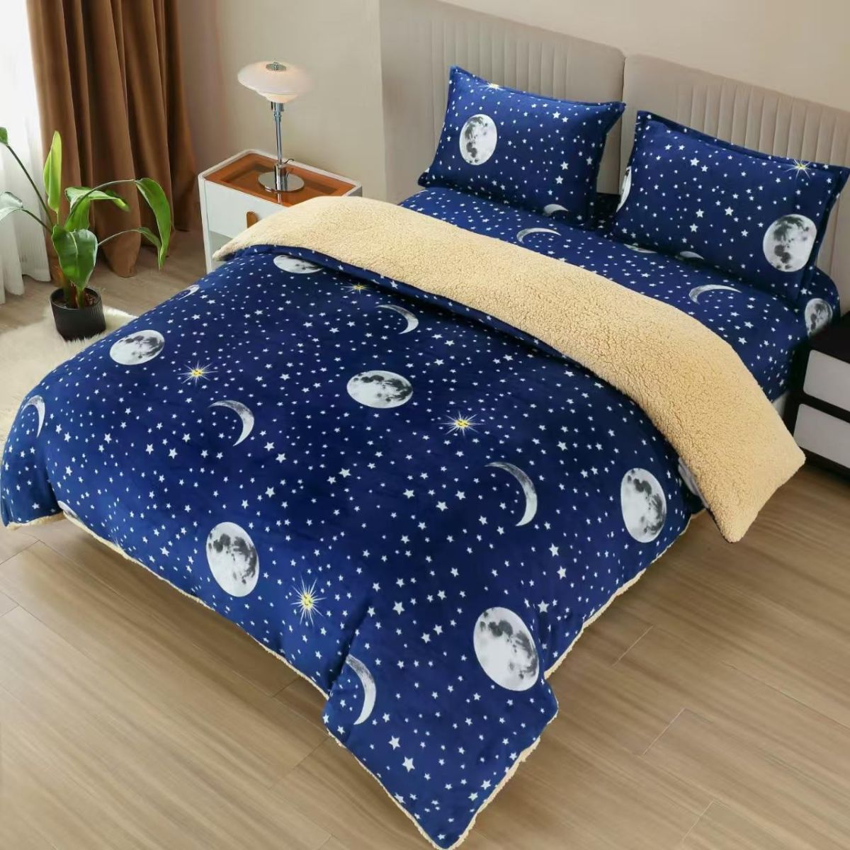 Lenjerie Cocolino, Albastru, cu Blanita si Elastic, 180x200cm, Material Premium, cu 2 Fete de Perna Incluse