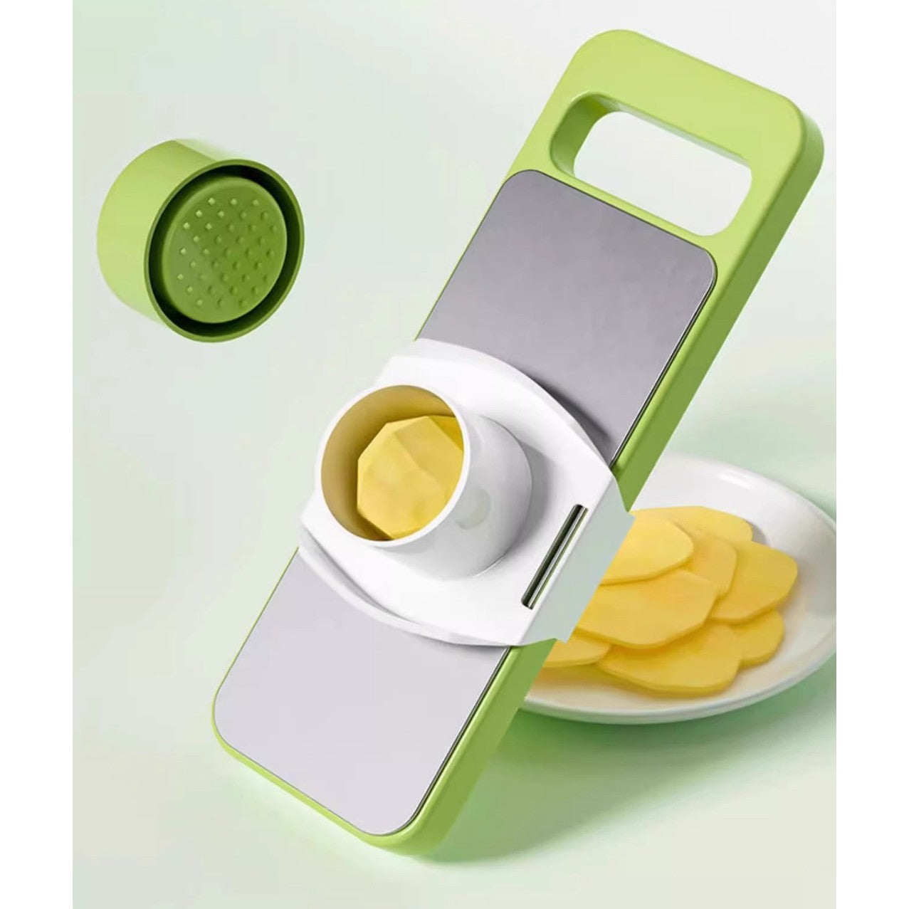 Set Multifunctional din 7 Piese, pentru Taierea si Maruntirea Legumelor, Uz Casnic,din Otel Inoxidabil, Gri-Verde