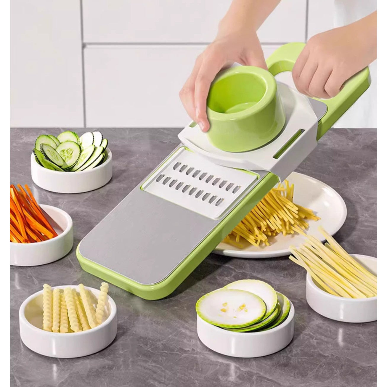 Set Multifunctional din 7 Piese, pentru Taierea si Maruntirea Legumelor, Uz Casnic,din Otel Inoxidabil, Gri-Verde