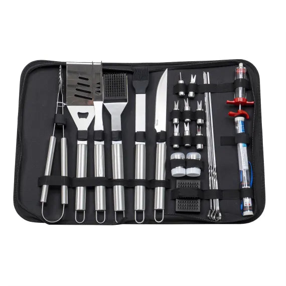 Set 24 piese din inox, pentru gratar plus borseta depozitare