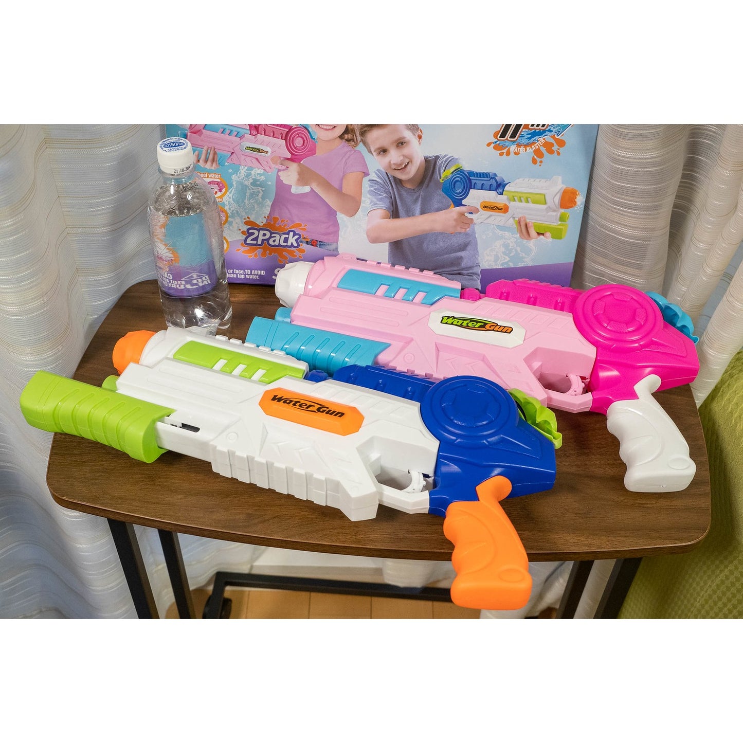 Set 2x Pistol cu Apa pentru Copii, Rezervor, Pentru Piscina/Plaja, 6ani+, Roz + Albastru, 1000 ML