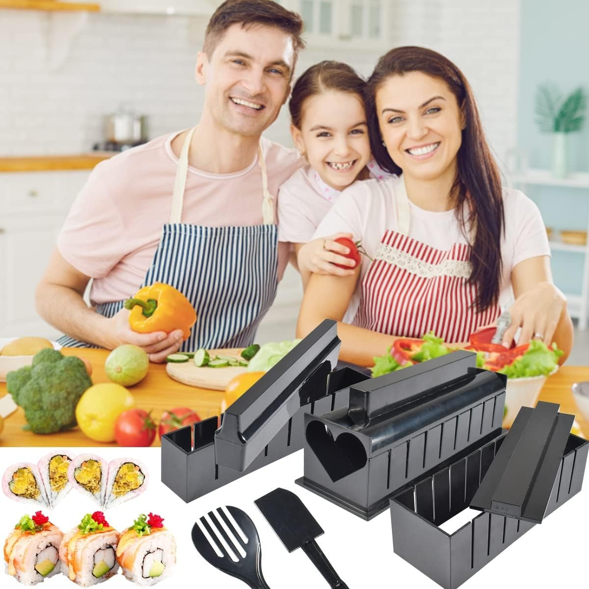 Set ustensile pentru facut sushi, 10 piese, forma inima inclus, 3 forme clasice, extensibil, finisaj lucios, material ABS, curatare usoara, negru