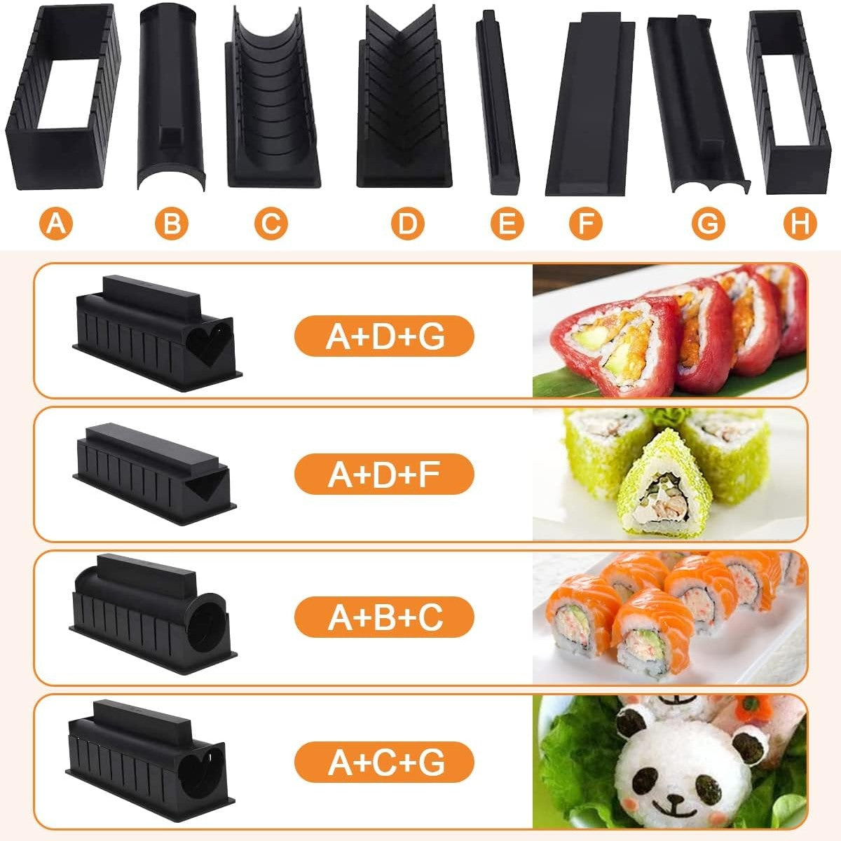 Set ustensile pentru facut sushi, 10 piese, forma inima inclus, 3 forme clasice, extensibil, finisaj lucios, material ABS, curatare usoara, negru