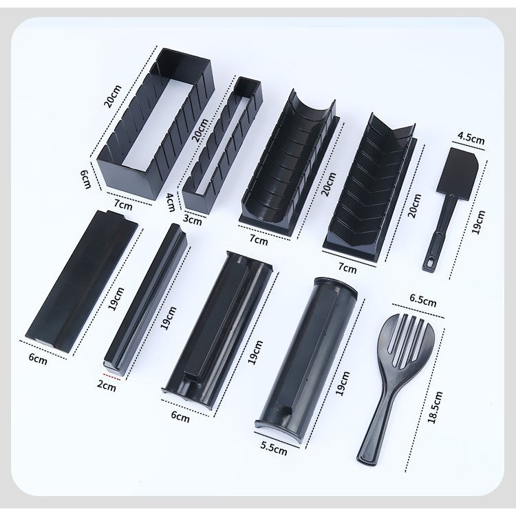 Set ustensile pentru facut sushi, 10 piese, forma inima inclus, 3 forme clasice, extensibil, finisaj lucios, material ABS, curatare usoara, negru