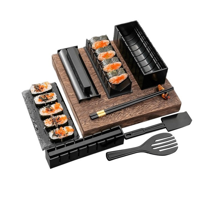 Set ustensile pentru facut sushi, 10 piese, forma inima inclus, 3 forme clasice, extensibil, finisaj lucios, material ABS, curatare usoara, negru