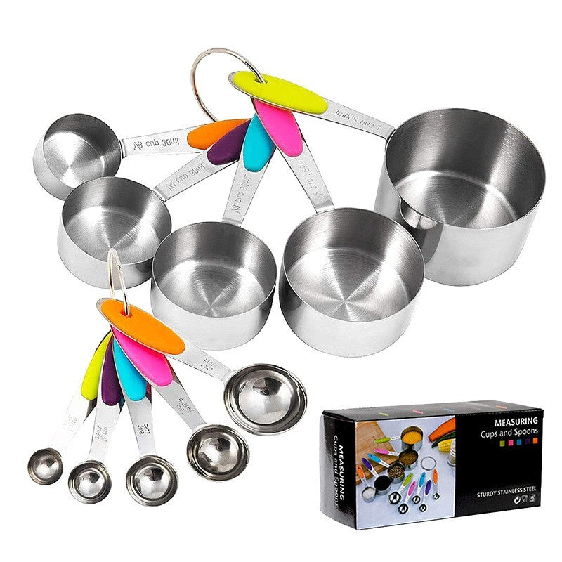 Set 10 Piese de Masurare, 5 Linguri Gradate + 5 Cesti Gradate, Otel Inoxidabil + Silicon, 19 x 8 x 9 cm, Multicolor