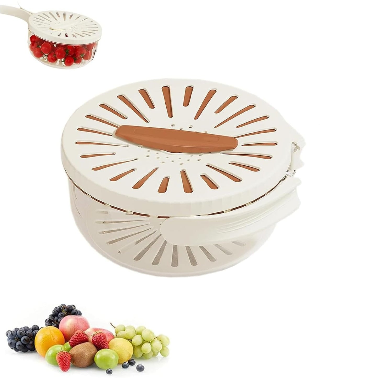 Strecuratoare 2 in 1 pentru Fructe si Legume, Cos de Scurgere si Cutie de Depozitare, 15.5 x 8.3 cm, din PP, cu Maner si Capac, Maro