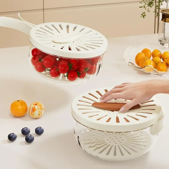 Strecuratoare 2 in 1 pentru Fructe si Legume, Cos de Scurgere si Cutie de Depozitare, 15.5 x 8.3 cm, din PP, cu Maner si Capac, Maro