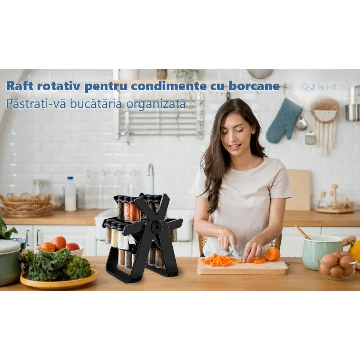 Suport Pentru Condimente Rotativ, Multifunctional, Pivotant 360°, Portabil, Usor de Montat, 34x23 cm, ABS/Sticla, Negru