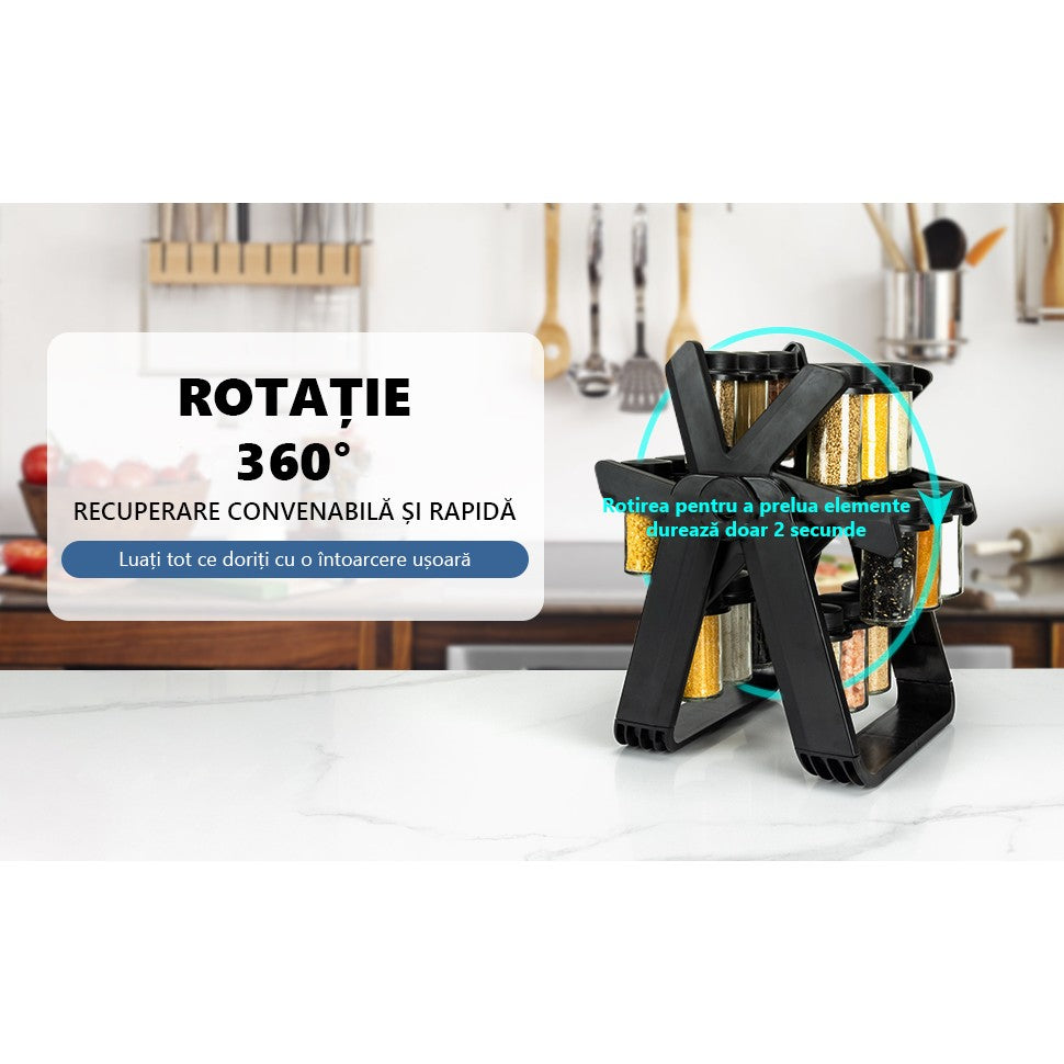 Suport Pentru Condimente Rotativ, Multifunctional, Pivotant 360°, Portabil, Usor de Montat, 34x23 cm, ABS/Sticla, Negru