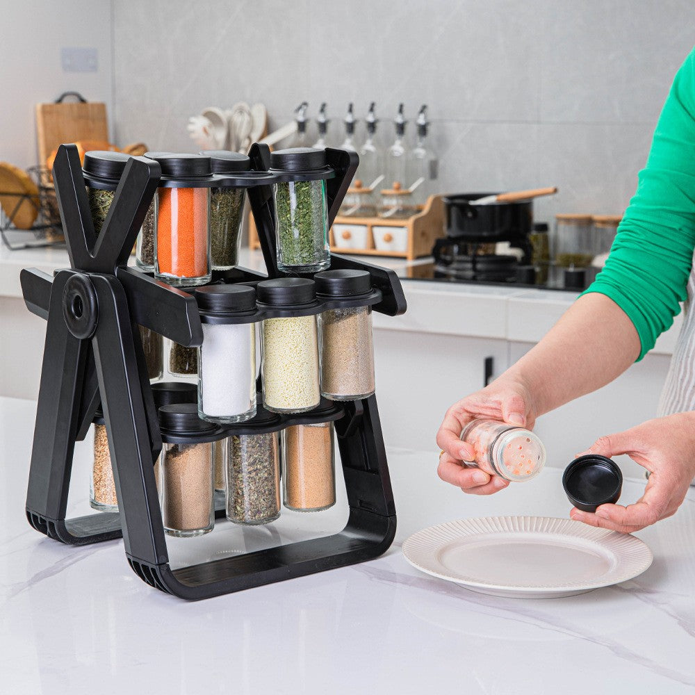 Suport Pentru Condimente Rotativ, Multifunctional, Pivotant 360°, Portabil, Usor de Montat, 34x23 cm, ABS/Sticla, Negru