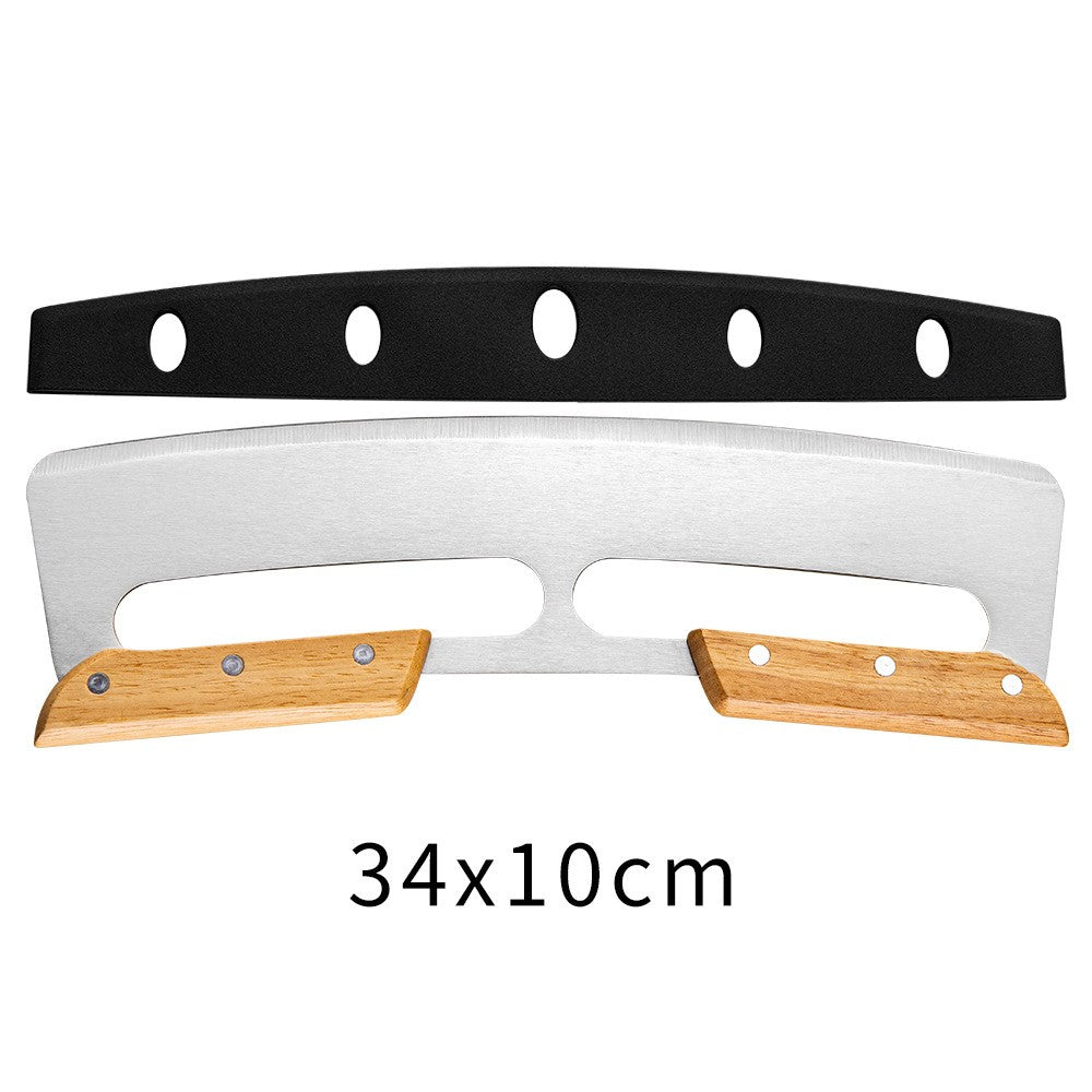 Taietor Feliator de Pizza, din Otel Inoxidabil, cu Capac, Maner din Doua Bucatie, din Lemn, Antialunecare, Lama Neteda si Ascutita, 34x10 cm, Maro