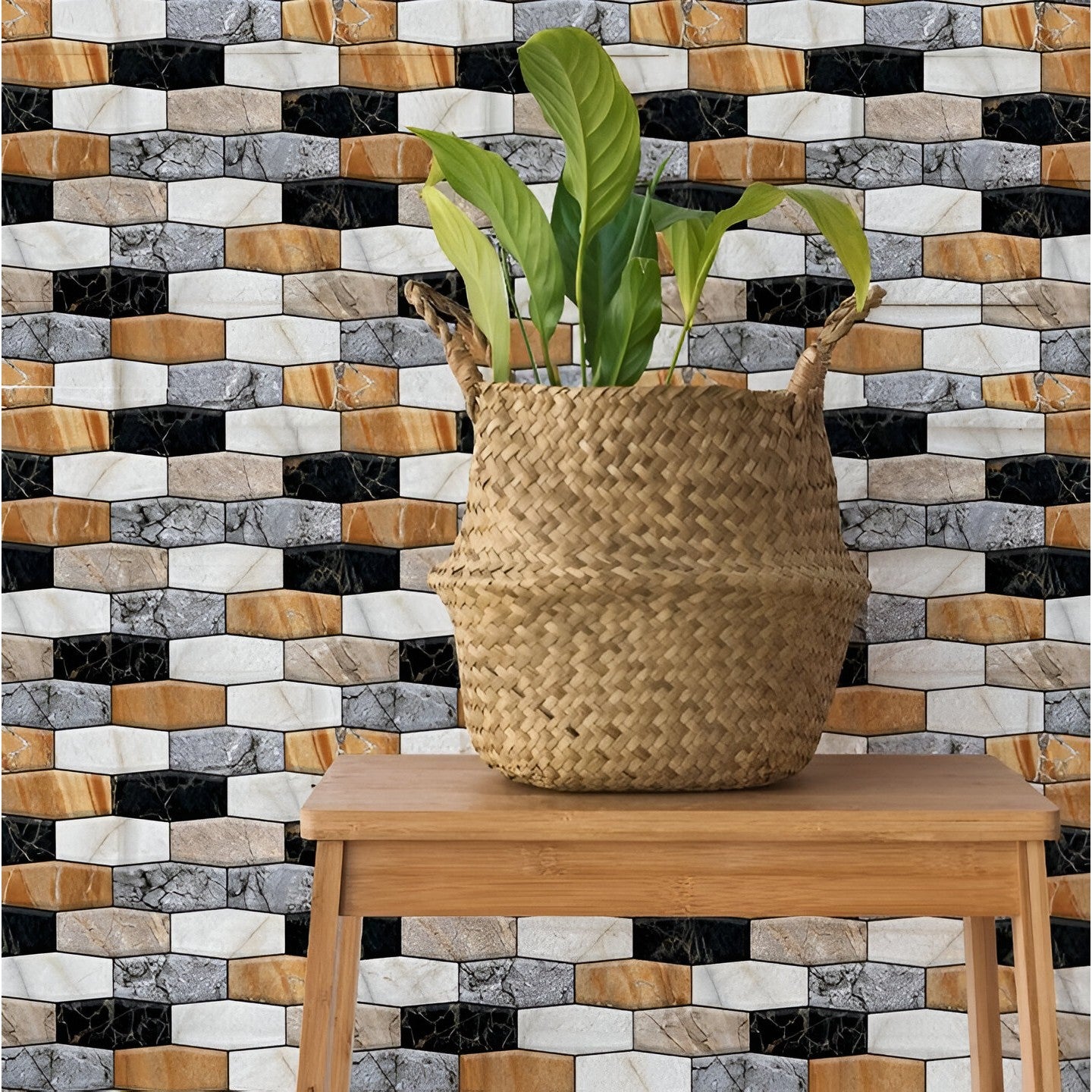 Set 10 x Placi Tapet Autocolant 3D cu Imitatie de Marmura Asimetrica, pentru Perete Bucatarie Sufragerie, Usor de Curatat, Rezistent la Apa, Autoadeziv, 30x30 cm, Maro Gri Negru