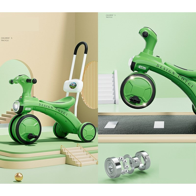 Tricicleta pentru copii, pedalare, impingere, lumini si sunete, pedale antiderapante, material dur, cos depozitare, varsta peste 18 luni, 80x40x52 cm, verde