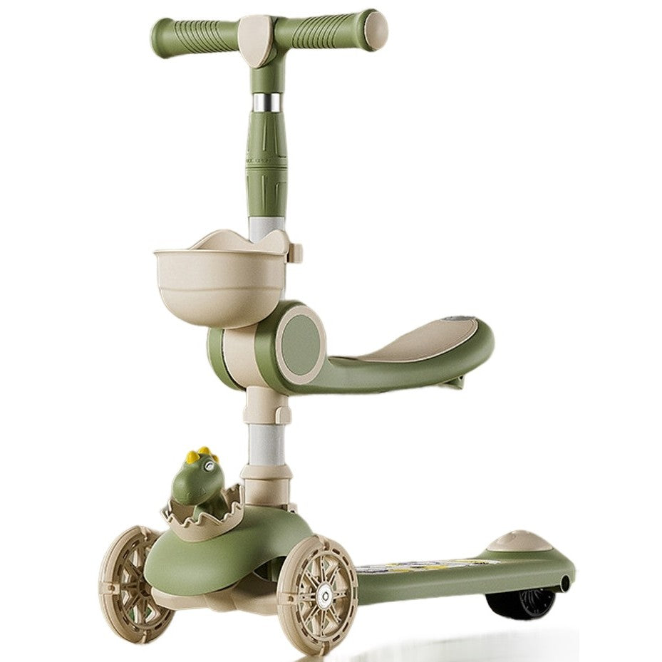 Trotineta Multifunctionala, cu Roti din Silicon, 3 in 1, pentru Copii, 1-7 Ani, cu Lumini si Muzica, Reglabil 360, Pliere Usoara, Reglarea Inaltimii, Model Dinozaur, Bej/Verde