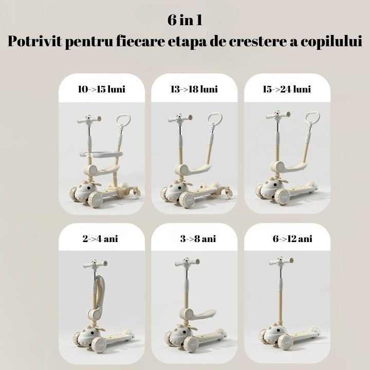 Trotineta Multifunctionala 6 in 1, Pentru Copii De La 10 Luni Pana La 12 Ani, Cu Maner De Impingere, Reglabil 360, Pliere Usoara, Reglarea Inaltimii, Model Dinozaur, Alb/Bej