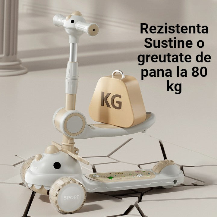 Trotineta Multifunctionala 6 in 1, Pentru Copii De La 10 Luni Pana La 12 Ani, Cu Maner De Impingere, Reglabil 360, Pliere Usoara, Reglarea Inaltimii, Model Dinozaur, Alb/Bej
