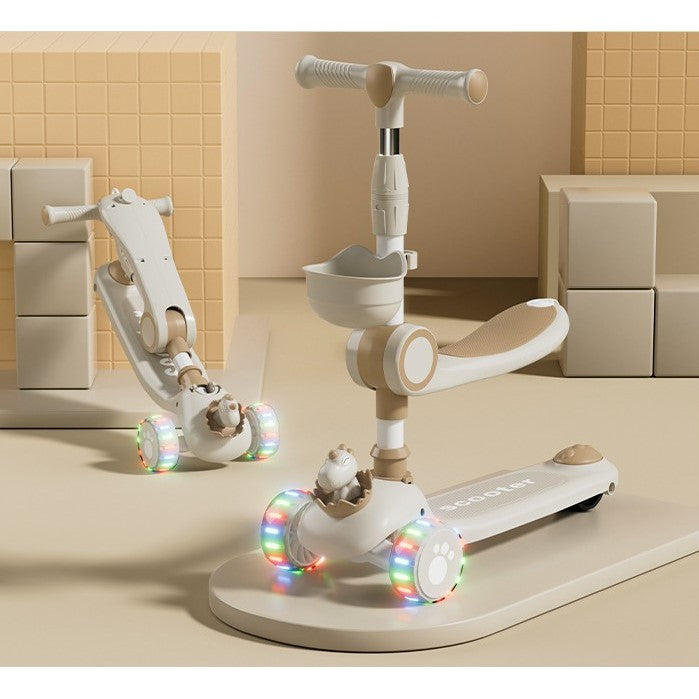 Trotineta Multifunctionala 3 in 1, pentru Copii, 1-7 Ani, cu Lumini si Muzica, Reglabil 360, Pliere Usoara, Reglarea Inaltimii, Model Dinozaur, 67-76 x 24 x 55 cm, Alb/Bej