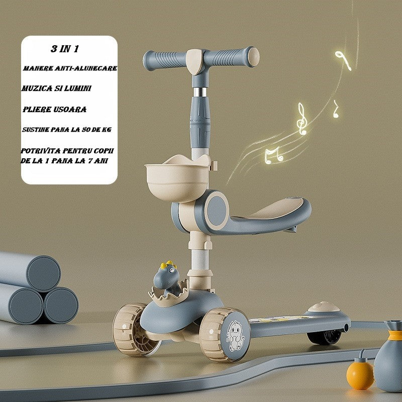 Trotineta Multifunctionala 3 in 1, pentru Copii, 1-7 Ani, cu Lumini si Muzica, Reglabil 360, Pliere Usoara, Reglarea Inaltimii, Model Dinozaur, Bej/Albastru