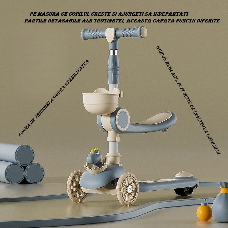 Trotineta Multifunctionala 3 in 1, pentru Copii, 1-7 Ani, cu Lumini si Muzica, Reglabil 360, Pliere Usoara, Reglarea Inaltimii, Model Dinozaur, Bej/Albastru