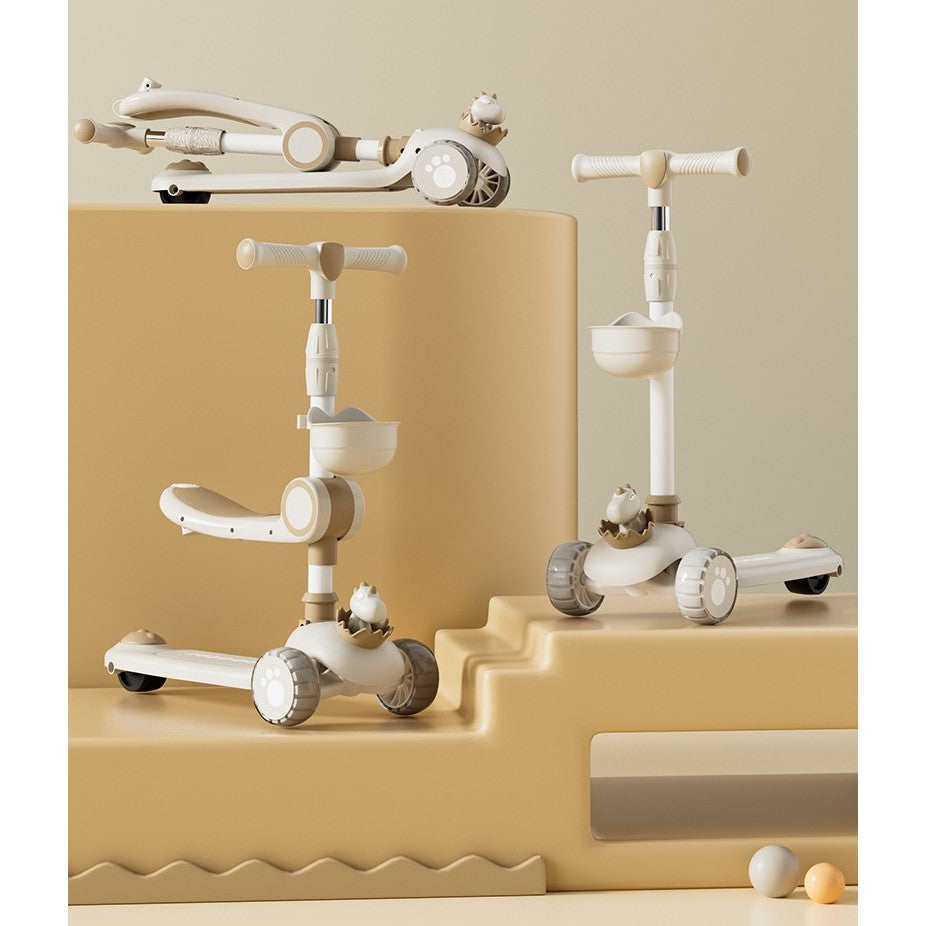 Trotineta Multifunctionala 3 in 1, pentru Copii, 1-7 Ani, cu Lumini si Muzica, Reglabil 360, Pliere Usoara, Reglarea Inaltimii, Model Dinozaur, 67-76 x 24 x 55 cm, Alb/Bej