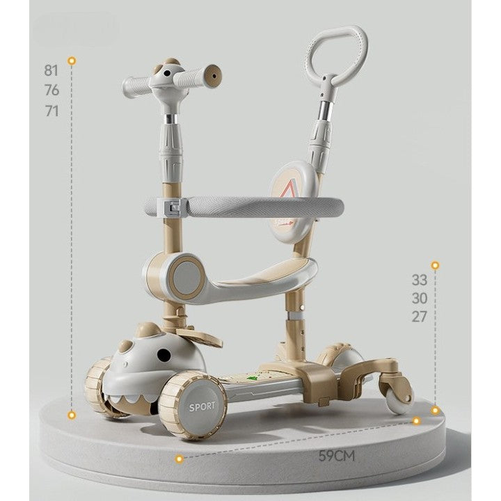 Trotineta Multifunctionala 6 in 1, Pentru Copii De La 10 Luni Pana La 12 Ani, Cu Maner De Impingere, Reglabil 360, Pliere Usoara, Reglarea Inaltimii, Model Dinozaur, Alb/Bej
