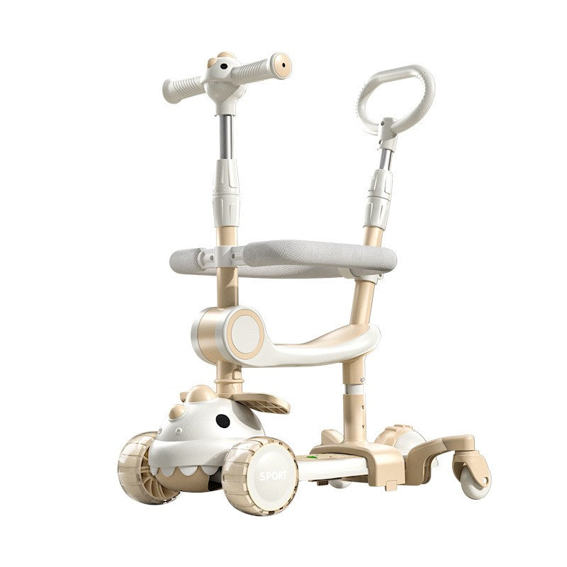 Trotineta Multifunctionala 6 in 1, Pentru Copii De La 10 Luni Pana La 12 Ani, Cu Maner De Impingere, Reglabil 360, Pliere Usoara, Reglarea Inaltimii, Model Dinozaur, Alb/Bej