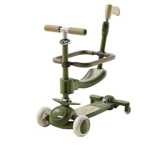 Trotineta Tip Carucior pentru Copii 7in1, Pliabila, Ghidon Reglabil, Parti Detasabile, Lumini LED, Muzica, Suport pentru picioare, Verde