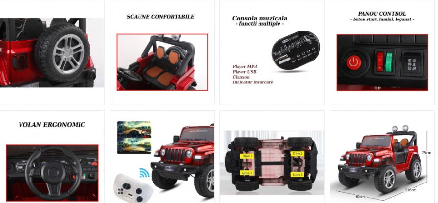 Masina electrica copii, 12V, control volan+acceleratie si telecomanda, BT si USB