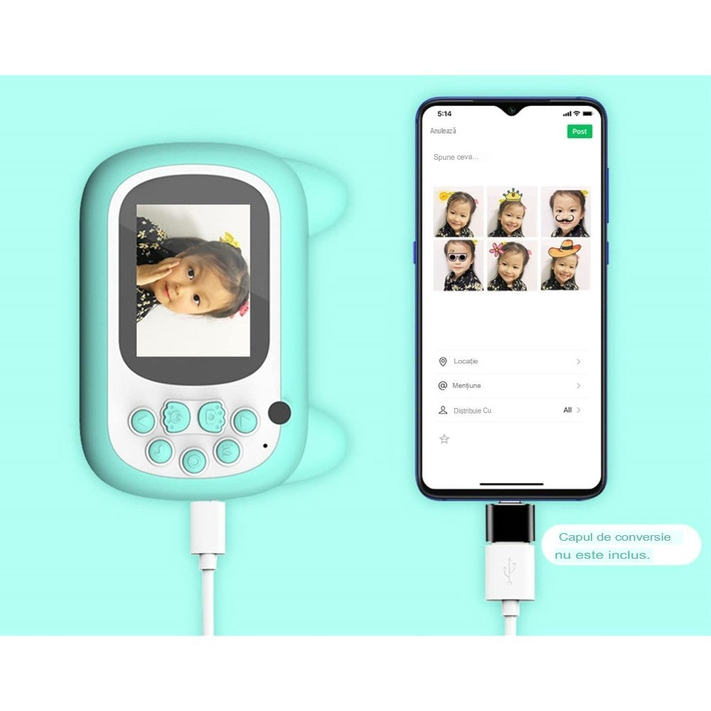 Aparat foto+ Selfie, cu Functie de Printare, Cablu USB-C, Bluetooth, Compatibil iOS/Android, Imprimare APP
