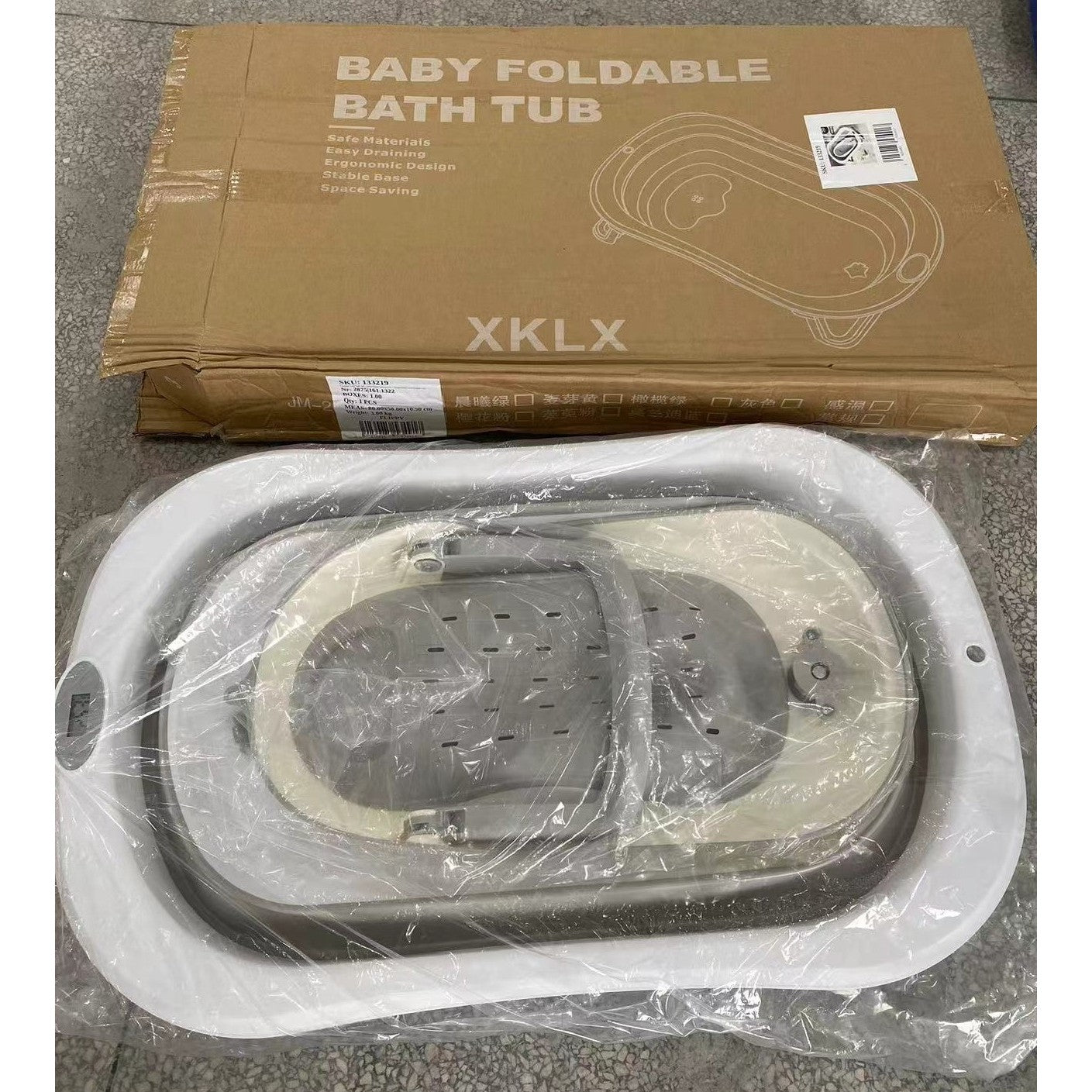 Cada de Baie ERGONOMICA si Pliabila, cu Suport, Indicator de Temperatura, 0-8 Ani, din PP+TPR, 45 l Capacitate, 80 x 50 x 23 cm, Gri
