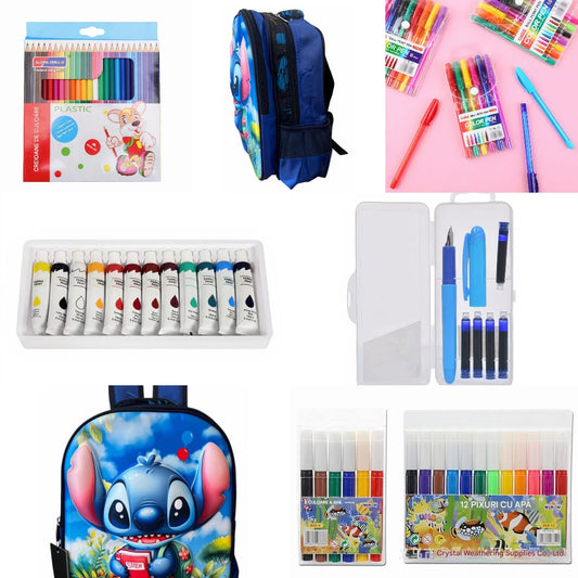 Ghiozdan Ergonomic Echipat Cu Acuarele, Creioane Colorate, Stilou + Rezerva cerneala, Set pixuri colorate cu Gel, Set Carioci