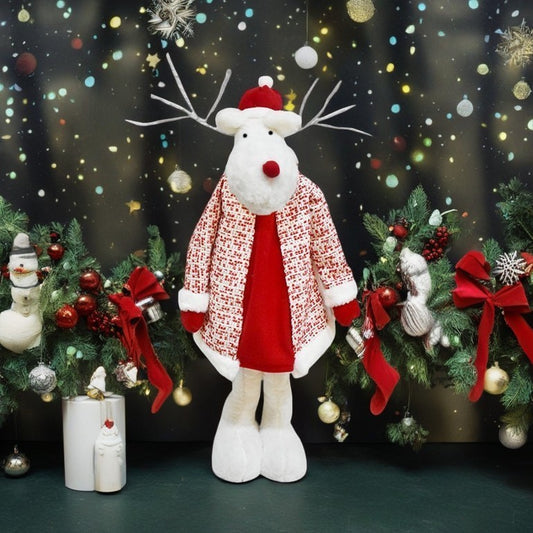Figurina Decorativa, Pentru Craciun, Ren, Picioare Telescopice, Inaltime Reglabila 42 - 80 cm, cu Haina, Alb/Rosu